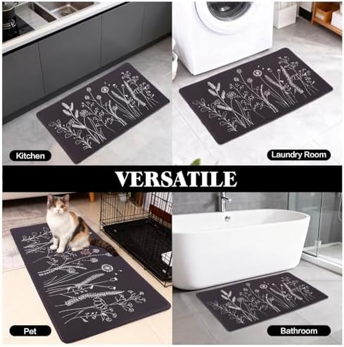 Mirok Washable Anti Fatigue Mat for Cushioned Floor Mats,Floral Plants Non-Skid Ergonomic Comfort Foam Rugs,Non Slip Kitchen Rug(Flowers/Grass,17"x29")