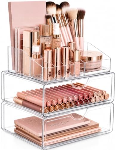 Masirs Clear Acrylic Makeup Organizer with Drawers – Cosmetic Vanity Storage for Skincare, Hair Accessories, Jewelry, Perfume – Durable Countertop Bathroom Organizer