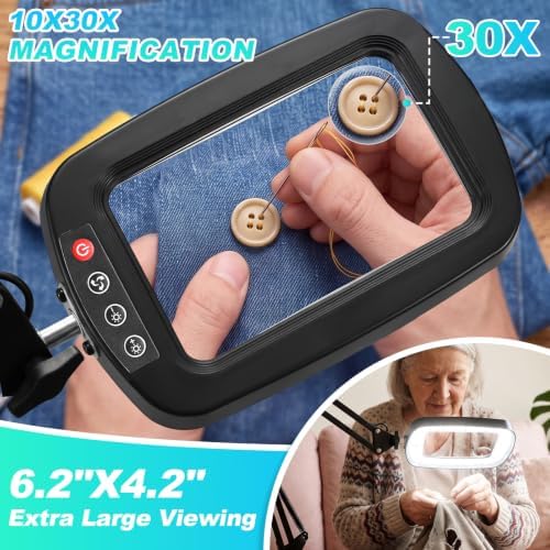 12X 30X Large Magnifying Glass with Light, Stand & Clamp, LED Desk Lamp