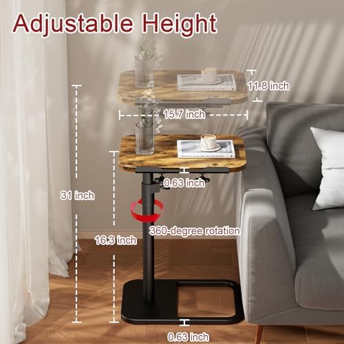 Tv Tray Table Adjustable Height Couch Side Table, Tilt Angle Adjustments-360° Swivel/180° Flip-Over Panel C-Shaped End Table With Tablet Slot, Computer Desk for Chair, Living Room (Rustic Brown)