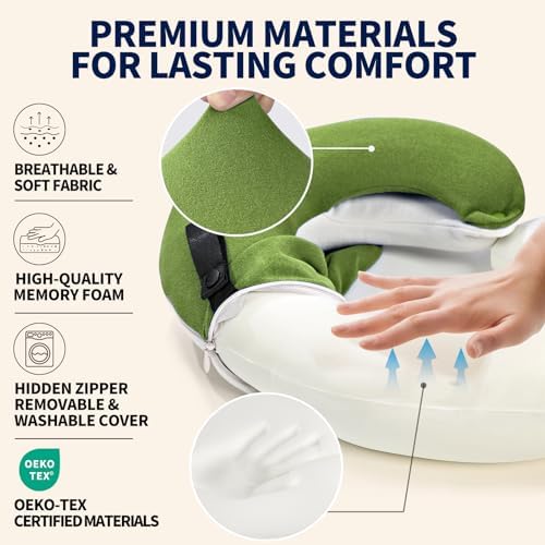 BUYUE Travel Neck Pillows for Airplanes, Memory Foam 360° Head Support Sleep for Long Flight, Skin-Friendly & Breathable, Kit with Eye Mask, Earplugs and Storage Bag (Adult, Green, 90+ lbs)