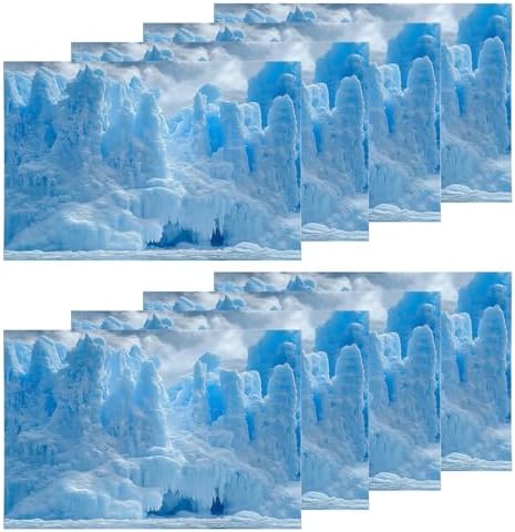 Shrahala Winter Icicle Blue Set of 8 12 X 18 Inch Linen Placemats, White Mist Snow Scene Burlap Table Mat Washable Double Layered Heat Insulation for Indoor/Outdoor