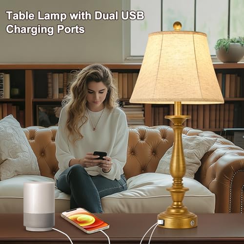 AIDENOEY 28.5" Traditional Table Lamp Set of 2, Rustic Farmhouse Table Lamps for Living Room Bedroom, Bedside Desk Lamps Vintage Nightstand Lamps with Silk Fabric Shades，Antique Gold Table Lamp