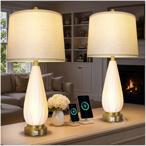 27.5" Translucent Ceramic Table Lamps Set of 2 with Night Light for Bedroom
