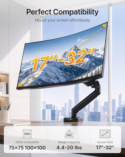 monTEK Single Monitor Arm with USB Ports for 17-32" Screen up to 19.8 lbs