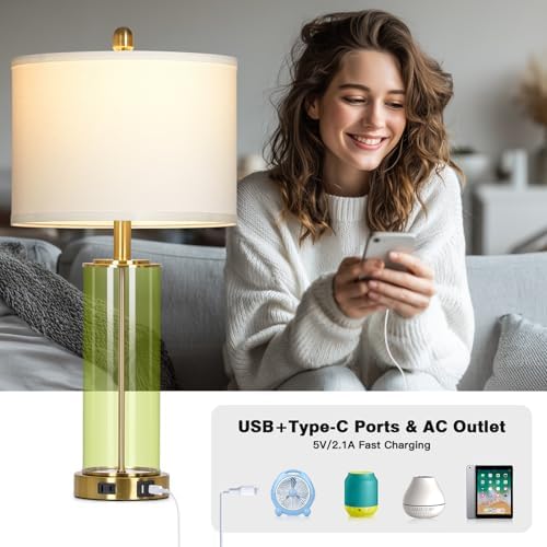 Ruzectt 26" Green Glass Table Lamps for Bedside, Modern Living Room Lamps Set of 2, Elegant Coastal Bedroom Lamp with USB A+C Ports & AC Outlet, 3-Way Dimmable Touch Lamp for Nightstand Dining Table