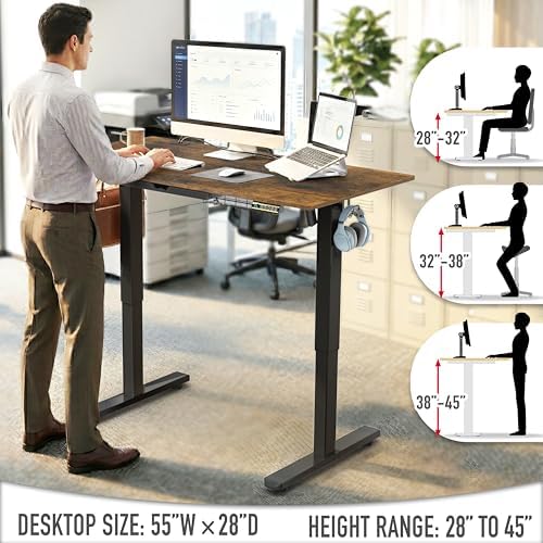 SHW 55 x 28 Electric Height Adjustable Standing Desk w/Drawer,Rustic Brown