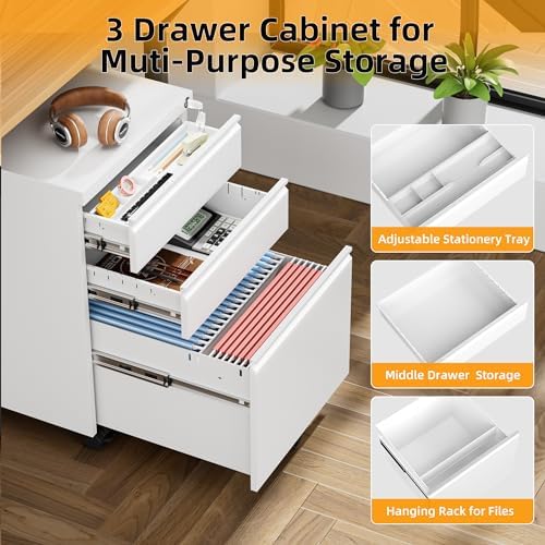 INTERGREAT 3 Drawer Filing Cabinet with Lock, White Mobile File Cabinet with Wheels, Rolling Small Metal Cabinets Under Desk for Home Office, Assembled