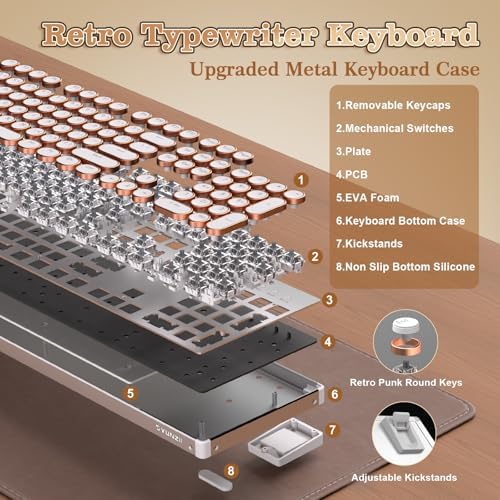 YUNZII QL108 Typewriter Style Mechanical Gaming Keyboard,Full Size Hot Swappable RGB Backlit Keyboards,Metal Panel Retro Punk Round Keycaps,USB Wired Computer Keyboard (Silver, Onyx Gray Switch)