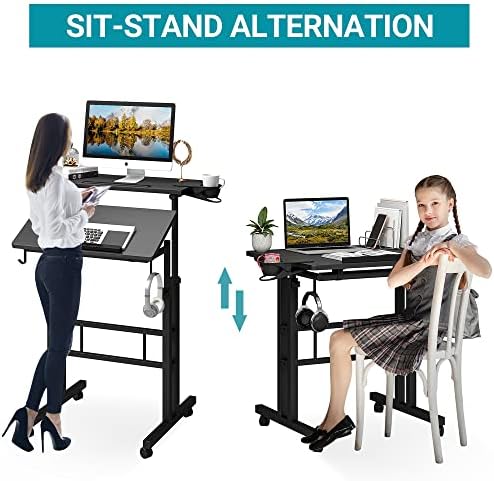 Klvied Adjustable Height Standing Desk with Cup Holder, Portable and Easy to Move, Ideal for Home or Office, Black