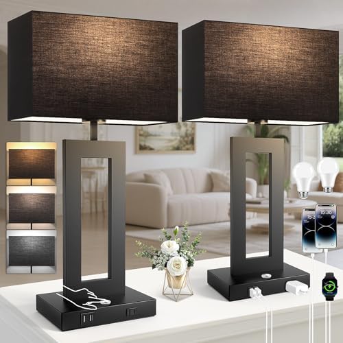 27.2’’ Tall Black Table Lamps for Living Room Bedroom, Bedside Touch Control Lamps with 2 USB Ports&AC Outlet, 3 Color Temp.&Stepless Dimming Desk Lamp Sets for Home Office, Pre-assembled Black Shade