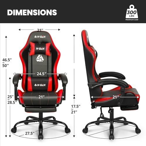 N-GEN GAMING Gaming Chair with Footrest, Lumbar, High-Back, Red Black