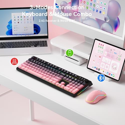 Wireless Keyboard and Mouse Combo, RGB Backlit Rechargeable 2000 mAh Battery, Wireless Computer Keyboards, Tri-Mode Bluetooth/2.4GHz/USB-C Custom Creamy Keyboard, RGB Backlit Media Knob (White-Pink)