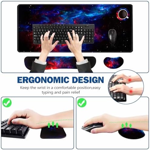 ToLuLu Extended Gaming Mouse Pad, Memory Foam Ergonomic Keyboard Mouse Wrist Rest Support Set, Large Desk Mat with Stitched Edges, Non-Slip Base Mousepad for Home Office and Game, Blue Red Galaxy
