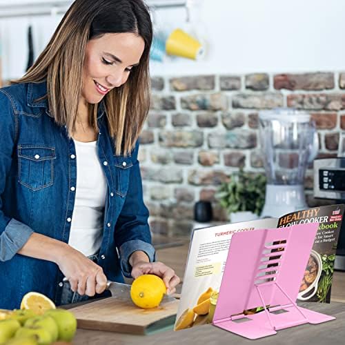 Honagu Book Stand Metal Desk Book Holder, Book Holders for Reading Hands Free, Adjustable Cookbook Documents Holder, Portable Bookstand for Music Books, Textbook, Recipe, Tablet, Ipad (Pink)