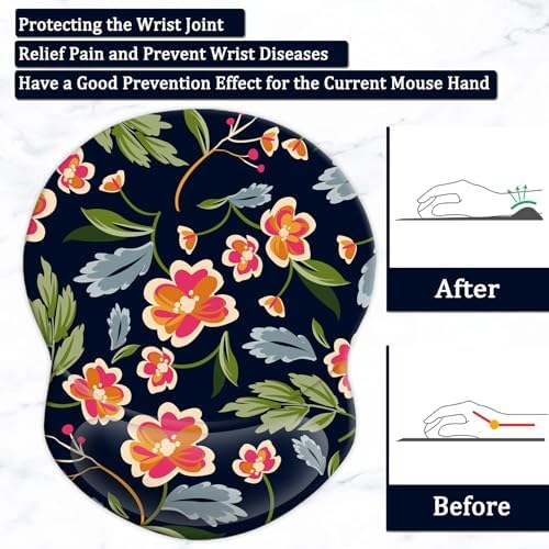 Ergonomic Wrist Support Mouse Pad - Comfortable Computer Mouse Pad with Non-Slip PU Base for Home Office Working Gaming (Bright Flowers)