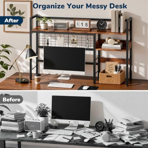 Desk Shelf, 44.9" Desk Hutch with Pegboard Hooks Set, Rustic Brown