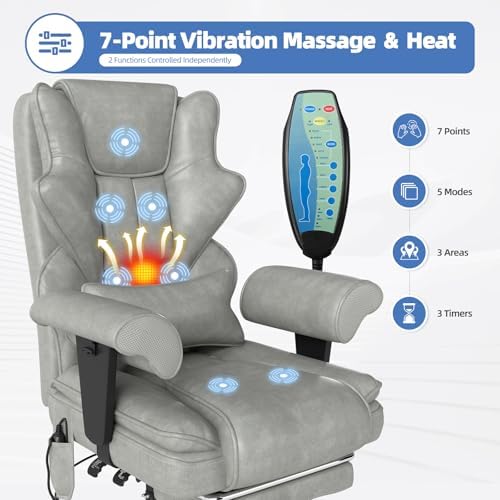 7-Point Massage Heated Executive Office Chair with Footrest, Gray