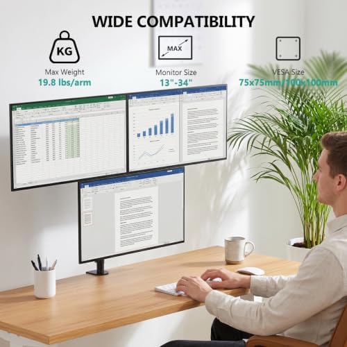 WALI Stacked Triple Monitor Mount for 13-34 inch Screens, 19.8 lbs per Arm