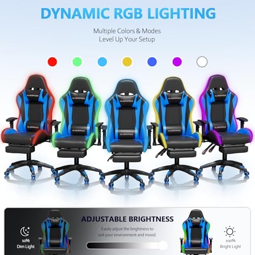 Mr IRONSTONE RGB Gaming Chair with Bluetooth Speakers, Ergonomic Gamer Chair with LED Lights, Vibration Lumbar Support, Footrest and High Back Reclining Design for Adults, Blue