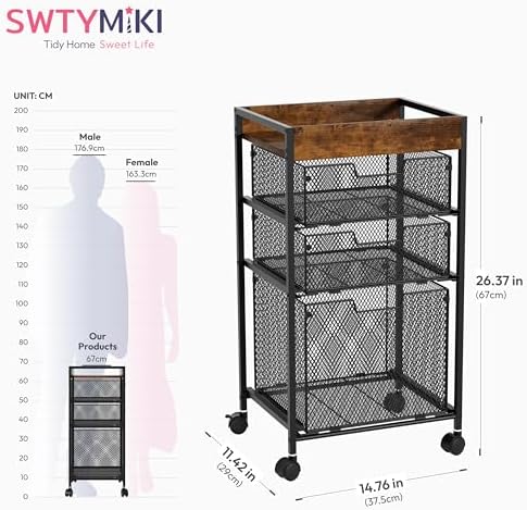 SWTYMIKI Rolling File Cart with Drawers - 4 Tier Under Desk Storage Craft Rolling Organizer Cart - Office Storage &Organization, Mobile Metal Filing Cabinet for Office and Home Espresso