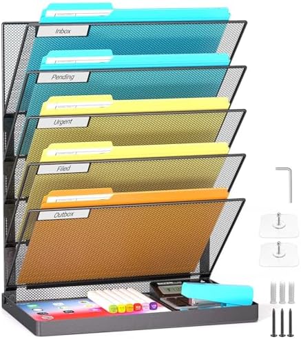 Legal/A4/Letter Size/A3 6 Tier Wall File Organizer,2-in-1 Wall Mounted&Desktop File Holder,2 Installation Methods Screws & Adhesive,Mesh Document Organizer with Label Plate for Home Office