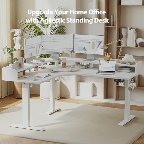 Agilestic 63 Inch L Shaped Electric Standing Desk with Shelf, White