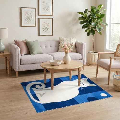 4'x6' Blue White Cat Sapphire Design Ultra-Soft Area Rug