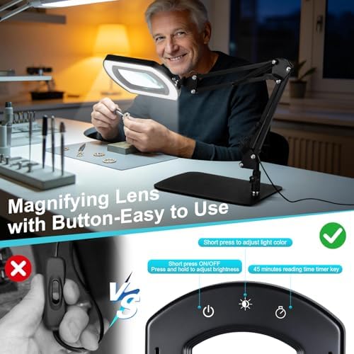 10X Magnifying Glass with Light and Stand,Real Glass Desk Lamp Magnifiers