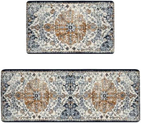 Boho Kitchen Mats, 2PCs, 17.3"x47"+17.3"x29", Dark Blue & Orange