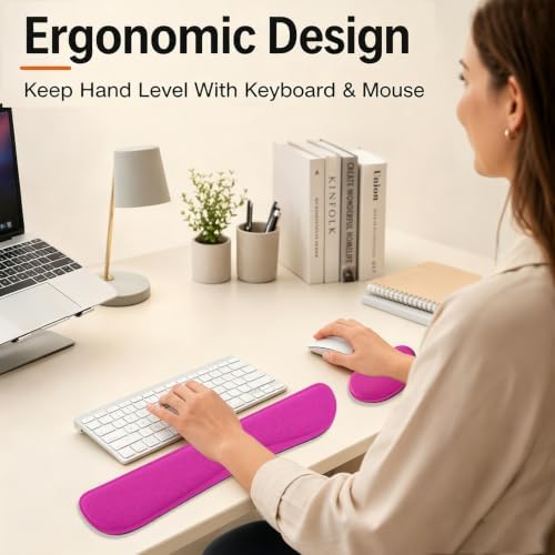 Keyboard Wrist Rest and Mouse Wrist Rest Set - Ergonomic Memory Foam Wrist Cushion - for Wrist Support on Computer, Laptop, Office, Playing Games, Typing Relieves Wrist Pain Rose Red