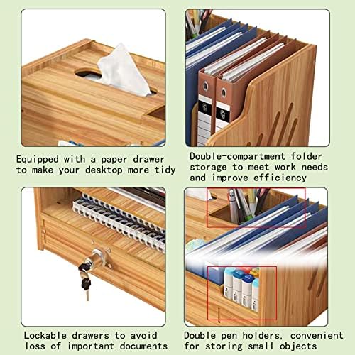 Bamboo Desk Organizer, Desktop Wood Bookshelf File Organizer, Pen Holder and Tissue Holder, 1 Drawer with lock for Office, Home, Need to Install(Cherry Wood)