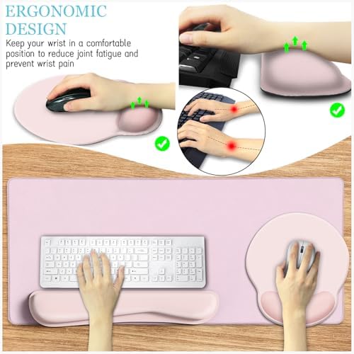LIMKRIAN Pink Desk Mat Set, Mouse Pad with Wrist Rest & Keyboard Support