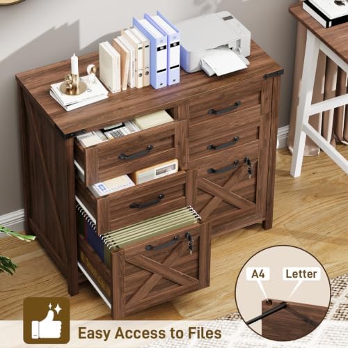Halitaa Farmhouse Lateral File Cabinet with 6 Drawers, Walnut