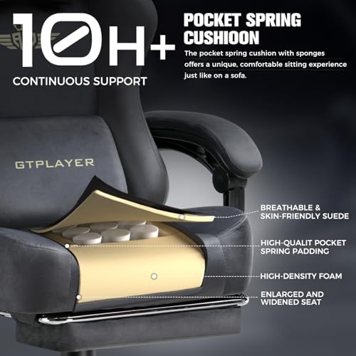 GTPLAYER Big and Tall Gaming Chair 400lbs Heavy Duty Office Chair with Foot Rest, High Back Pocket Spring Ergonomic Computer Chair for Adults, Wide Comfy Seated Cushion with Linkage Armrests, Grey
