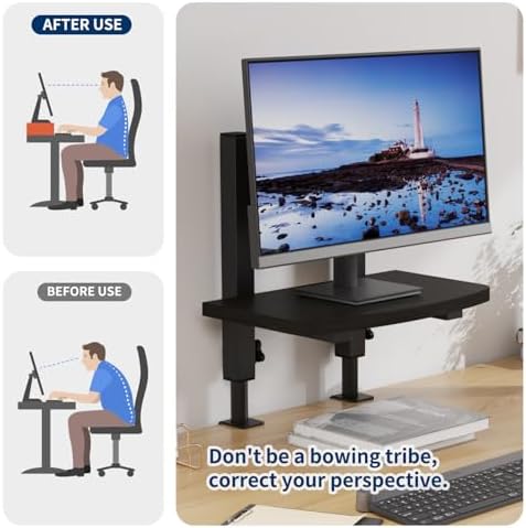 Adjustable Clamp-On Monitor Riser for Desk, Height Adjustable Monitor Stand with Space-Saving Design, Black MDF Shelf for Home Office, Workstation, and Study Setup (Black)
