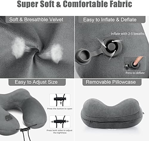 Inflatable Travel Neck Pillow for Airplanes, Super Soft Velvet Neck Support, Adjustable Firmness, Blow Up Plane Pillow for Long Flights, Road Trips, Travel Essentials with Eye Mask, Earplug