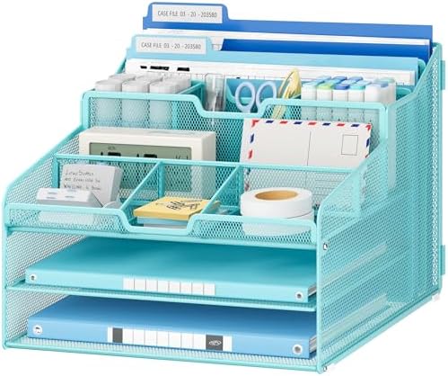 Lavatino Desk Paper File Organizer - Metal Mesh with 2 Letter Trays, 7 Flexible Dividers, 2 Vertical File Folder Holders for Office/Home/Classroom Supplies, Desk Organizers and Accessories, Blue