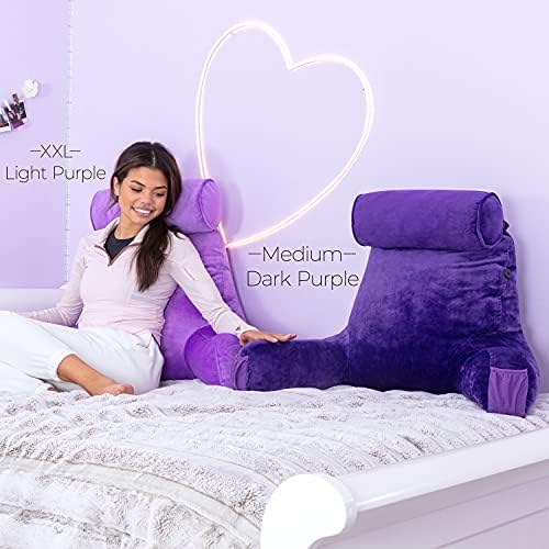 Husband Pillow Medium Reading Pillow with Arms - 23" Backrest for Sitting Up in Bed - Firm Support Bed Rest Pillow for Adults, Neck Roll, Removable Cover - TV, Reading, Lounging - Light Purple