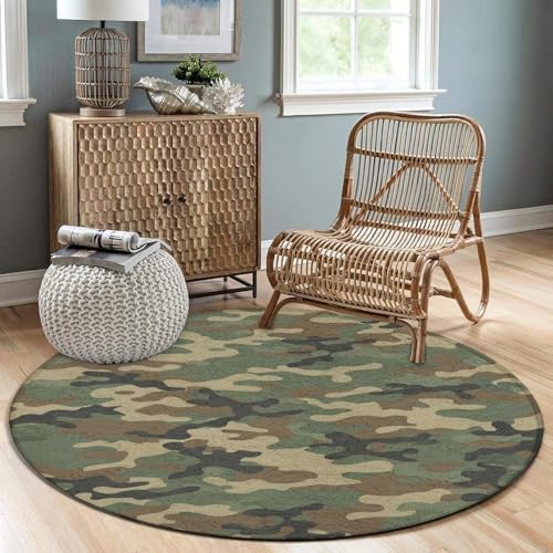 Machine Washable Modern Round Area Rug, Room Sofa Yoga Soft Round Carpet, Home Decor Non Slip Kitchen Office Circle Rug Green Camouflage Army Camo