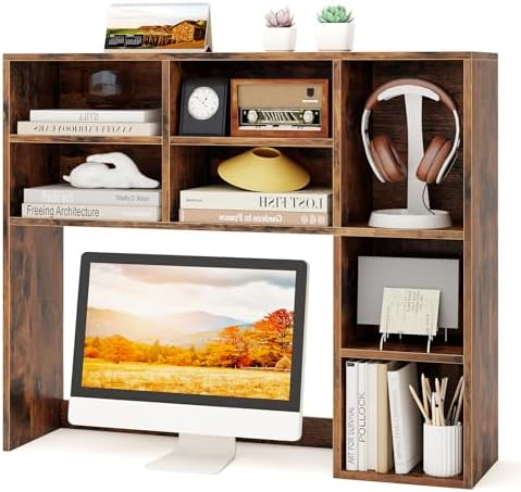 Tangkula Desktop Bookshelf, 37" Countertop Storage Hutch with 7 Cubes & 3 Adjustable Shelves, 3-Tier Desk Display Rack Organizer, Multipurpose Wood Desktop Hutch for Dorm Home Office (Rustic Brown)