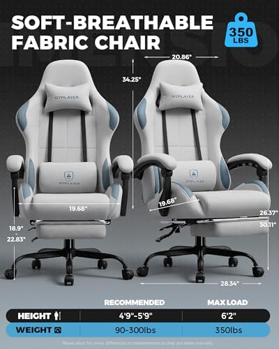 GTPLAYER Gaming Chair Fabric with Pocket Spring Cushion,Computer Office Chair with Lumbar Support for Adults Linkage Armrests and Footrest Ergonomic Gamings Chairs Height Adjustable Silver Grey