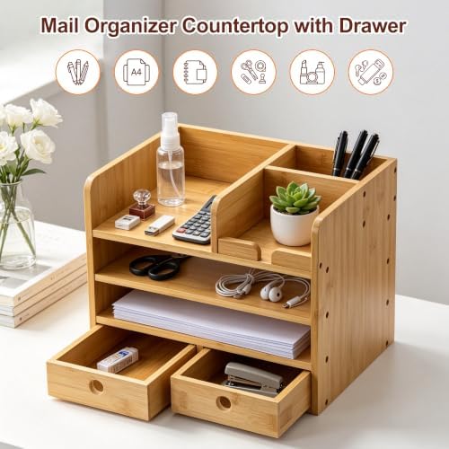 Bamboo Desk Organizer with Drawers, Makeup Storage for Home Office