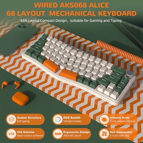 AJAZZ AKS068 65% Wired Mechanical Gaming Keyboard with Coiled Cable, 68-Key Alice-Layout Mechanical Keyboard, RGB Hot Swappable Red Switches VIA/QMK Programmable Knob Gasket Mount for Win/Mac (Green)