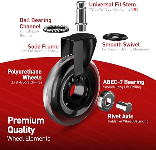 RIVEDA Office Chair Caster Wheels Set of 5 - Smooth 3 inch Heavy-Duty Replacement Rubber Wheels for Gaming & Desk Chair - Easy to Install, Suitable for Hardwood Floors, Carpet, Tiles (Clear)