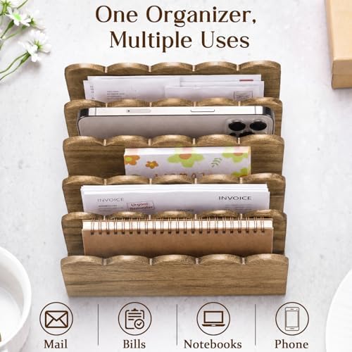 Novabright Acacia Wood Mail Organizer for Desk, 5 Slot Scalloped Letter Sorter, Vertical Countertop Mail Holder for Home Office Bill Envelope Document Organization, No Assembly Required