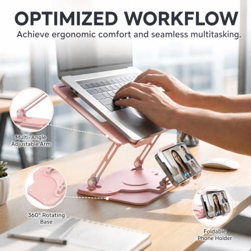 Laptop Stand for Desk,Adjustable Computer Stand with 360° Rotating Base,2-in-1 Laptop Stands with Phone Holder,Ergonomic Laptop Riser for Collaborative Work,fits for All 10-16" Laptops (Pink)