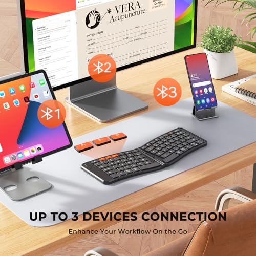 Doci Foldable Bluetooth Keyboard, Split Ergonomic Portable Keyboard for Business Travel, Ultra-Thin Folding Rechargeable Wireless Keyboards Compact for Android iOS Windows Mac Tablet PC Smartphone