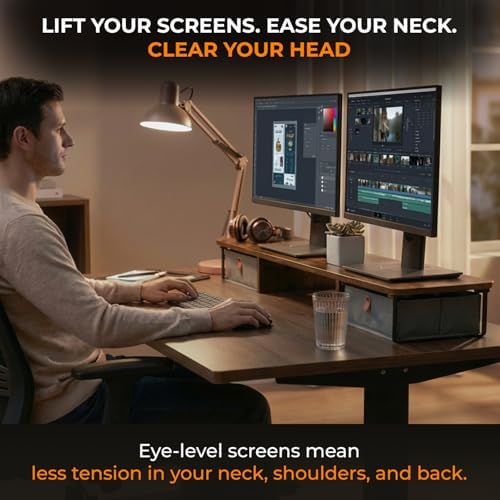 DuoStand Plus - 39” Dual Monitor Riser for Desk with 2 Drawers - Wood & Steel Double Monitor Stand with Storage - Desk Organizer Shelf for Desktop Computer, Laptop, TV & Printer (Rustic Wood)