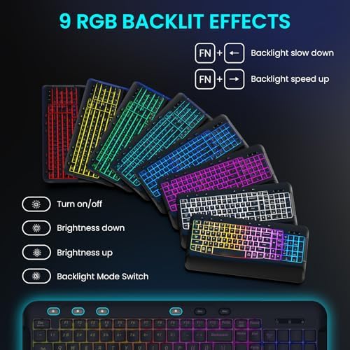Ergonomic Wave Wireless Keyboard Mouse Combo, 9 RGB Backlit, Silent Keys